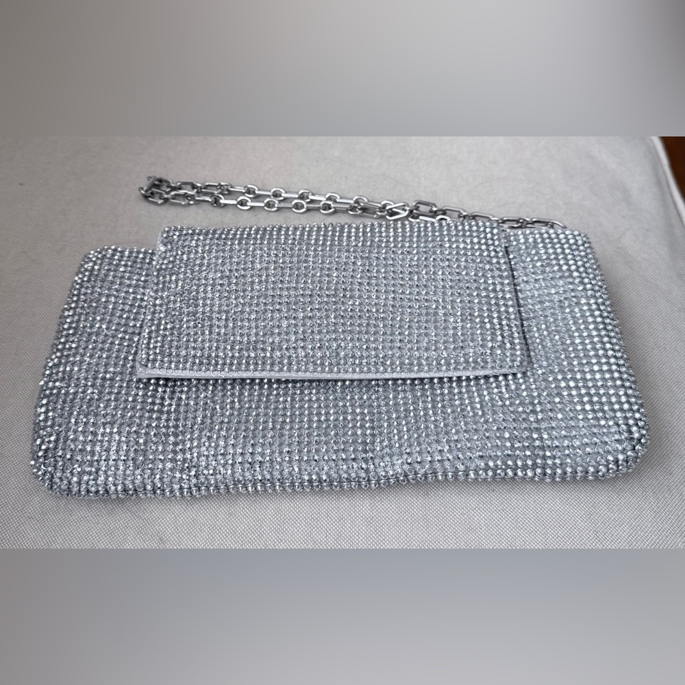 INC Silver Rhinestone Evening Clutch | Sparkle Formal Bag 10” x 5”
